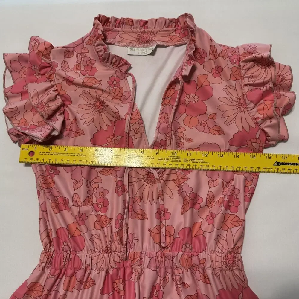 SMITH & QUINN High smocked/ruffled split 60’s Retro Pink Floral Dress Size XSm - Picture 3 of 14